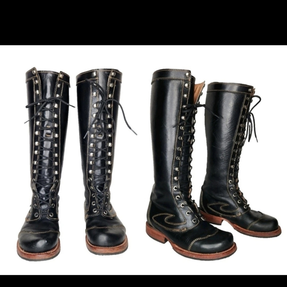 John Fluevog Frontiers Sundance Black Leather Lace-Up Knee-High Boots VTG 6.5 7
